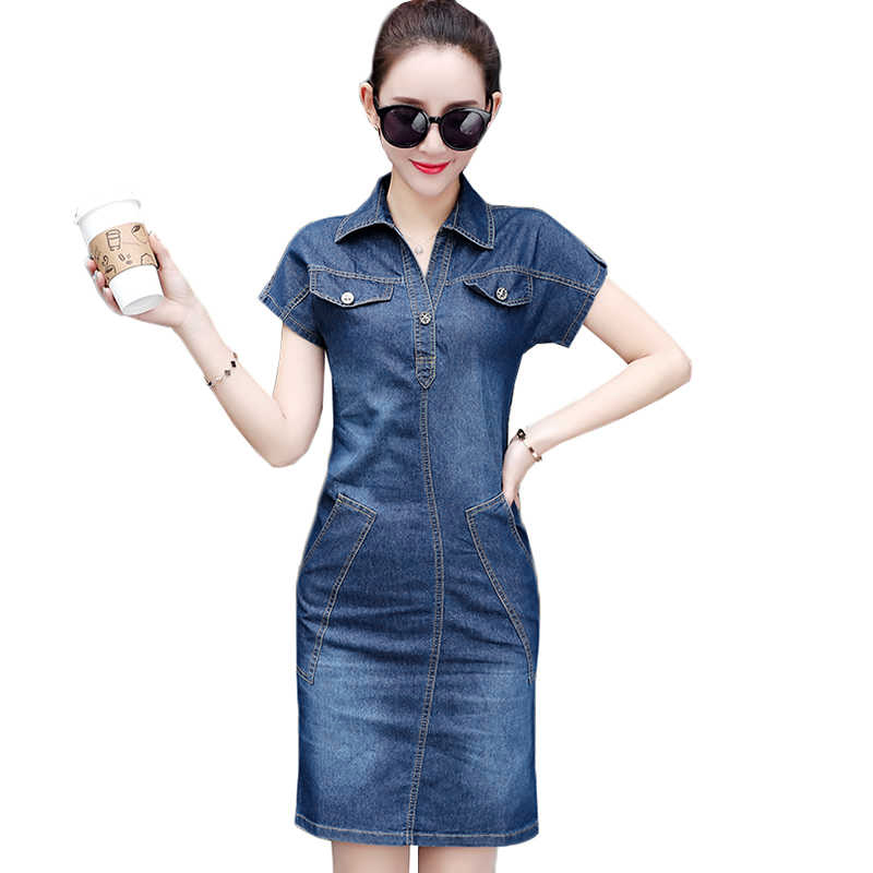 Đầm Jean Suông Cổ Sơ Mi Túi Xéo